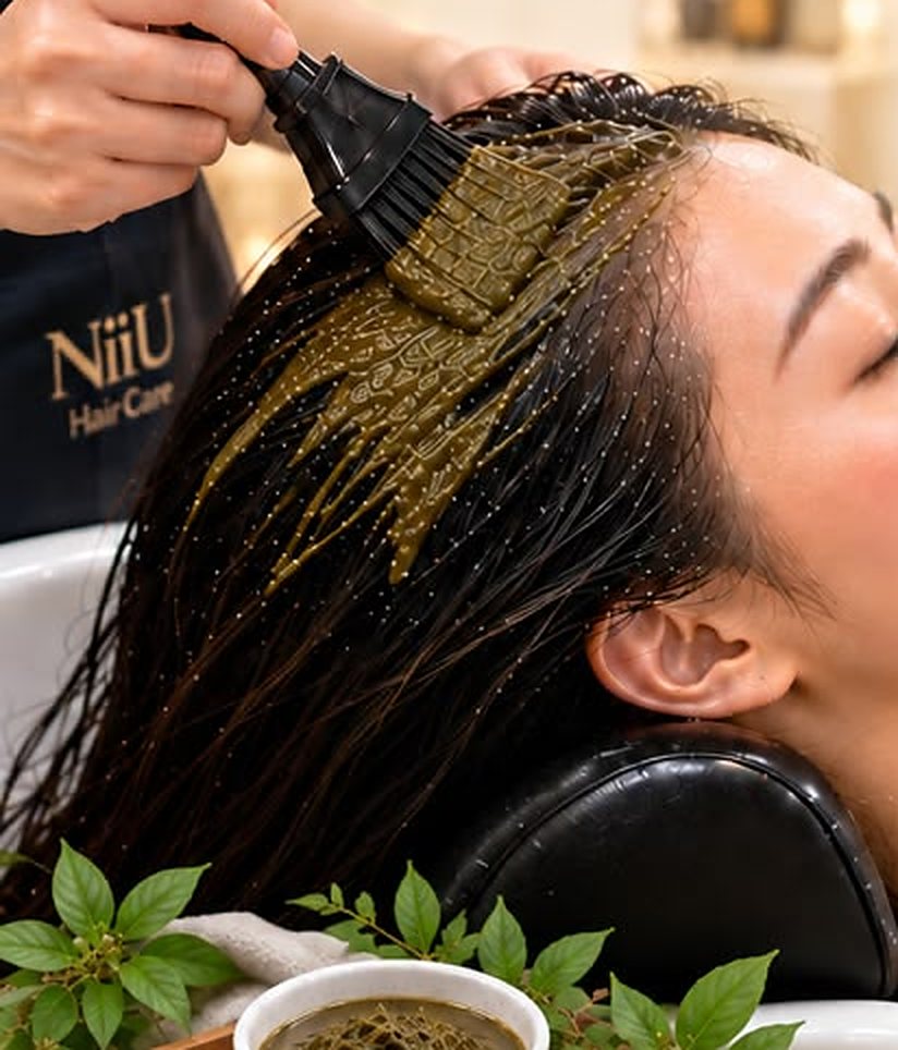 草药头皮护理：把草本泥刷在头皮上 · Herbal scalp care